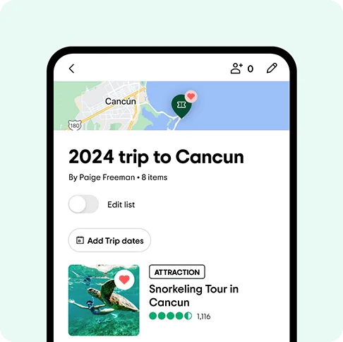 Image description: A phone with an itinerary tilted “2024 trip to Cancun” on its screen. A snorkeling experience is listed under it.