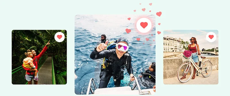 Image descriptions: A person holding a child on a bridge in the jungle, a person giving a thumbs up while getting ready to scuba dive, a person next to a bike in a city. Three heart icons are on the top right corner of each image.