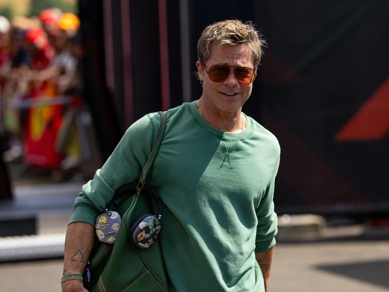 Brad Pitt wearing one of Sunspel's signature crewneck sweatshirts.