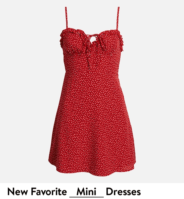 Red printed minidress with ruffle and tie details. Red floral-print short dress with tie details. Red print midi dress with a tiered skirt. Botanical print maxi dress with tie neckline.
