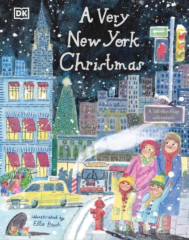 The cover a book titled "A Very New York Christmas," depicting a family waiting to cross the street with the skyline behind them