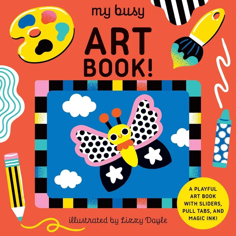 The cover of "My Busy Art Book!" with a central illustration of a butterfly