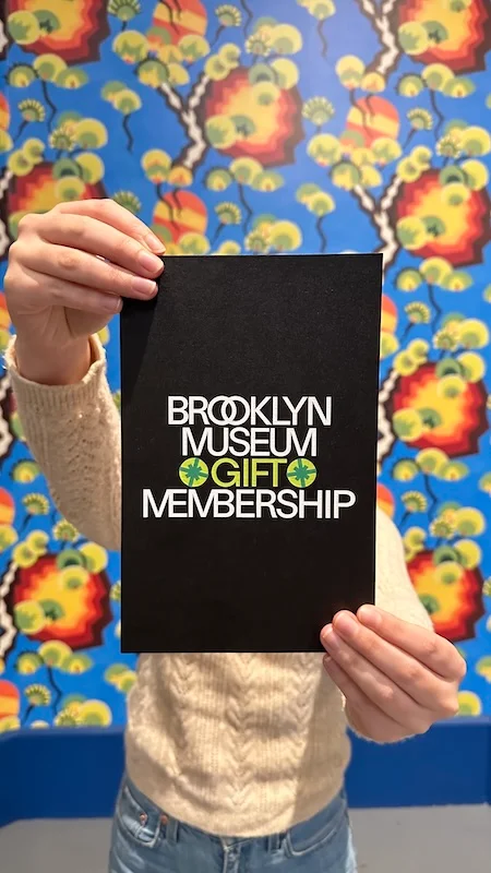 Hands holding a sign reading "Brooklyn Museum Gift Membership" in front of colorful wallpaper