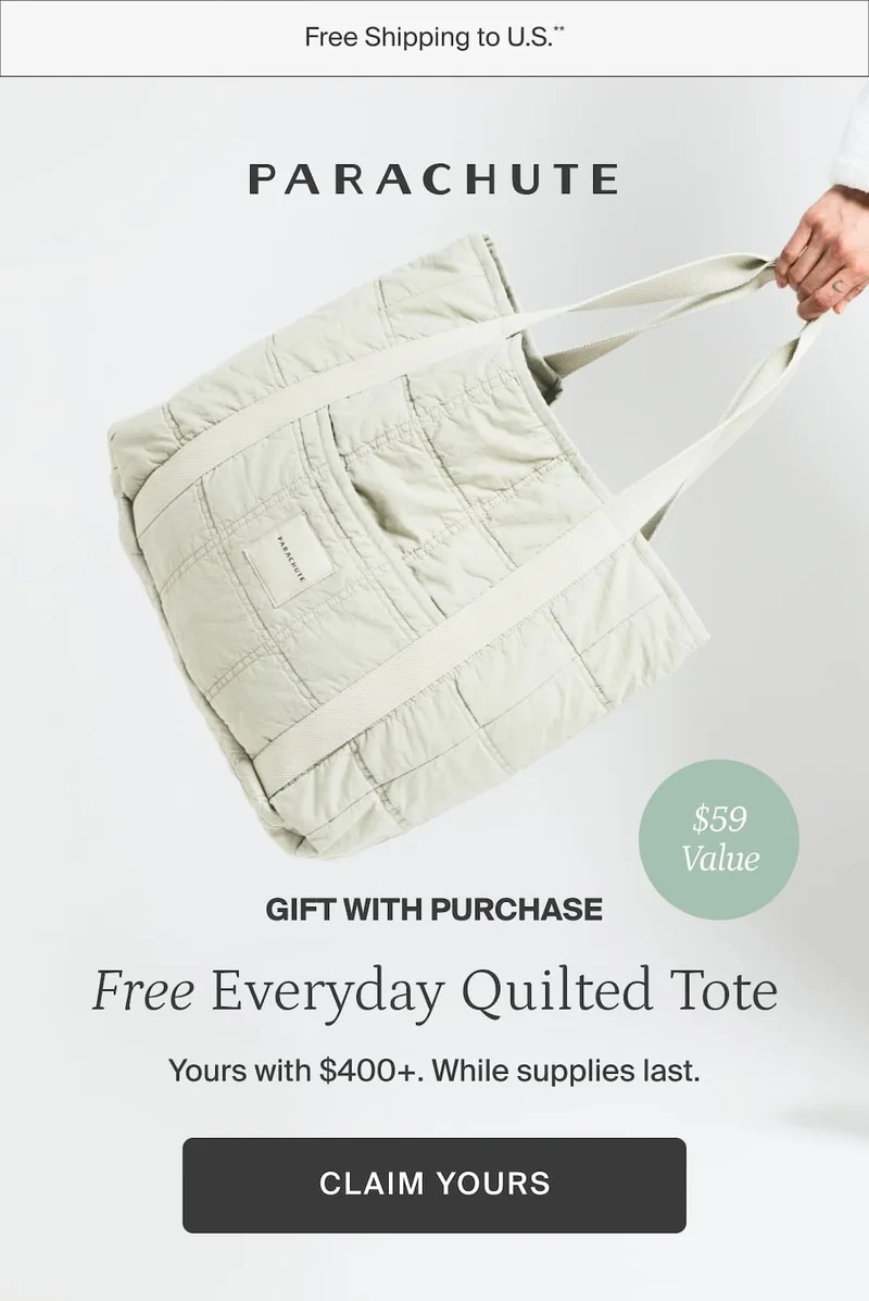 Gift with purchase. Free everyday quilted tote. Yours with $400+. While supplies last. Claim yours.