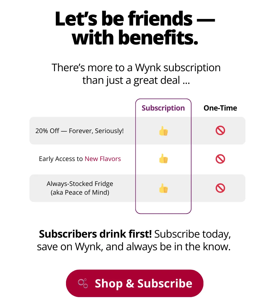 Subscribers drink first! Subscribe today, save on Wynk, and always be in the know.  Get 20% off forever, early access to new flavors, have an always stocked fridge.