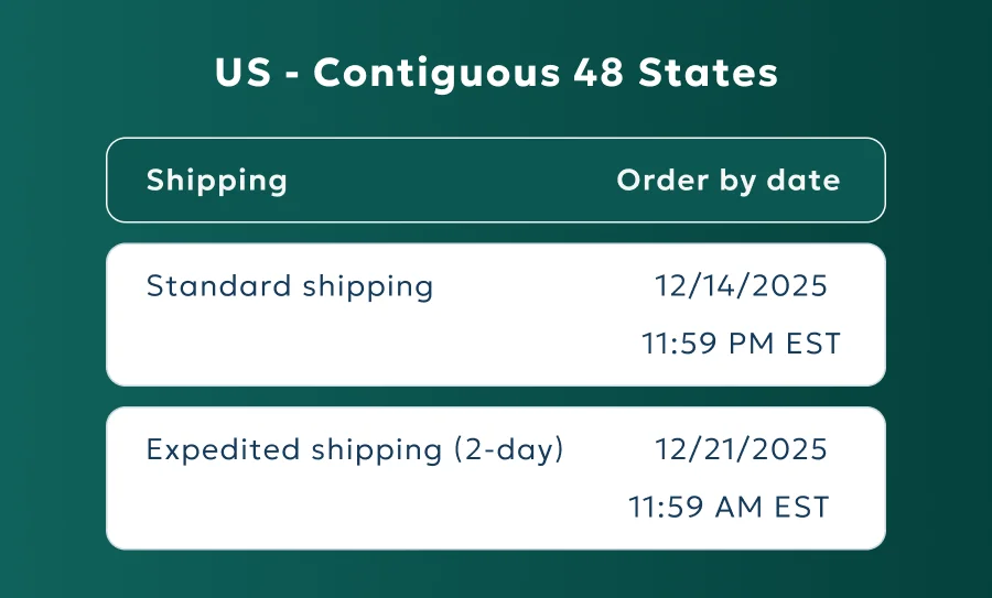 US – Contiguous 48 States Standard shipping: 12/14/2025 23:59 EST Expedited shipping: 12/21/2025 23:59 EST