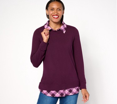 Denim & Co. Heavenly Jersey Solid/Plaid Long Sleeve 2fer Top