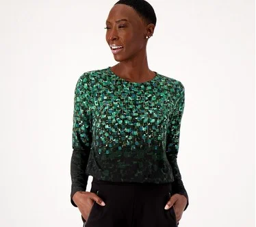 Susan Graver Foil Printed Liquid Knit Long Sleeve Crew Neck Top