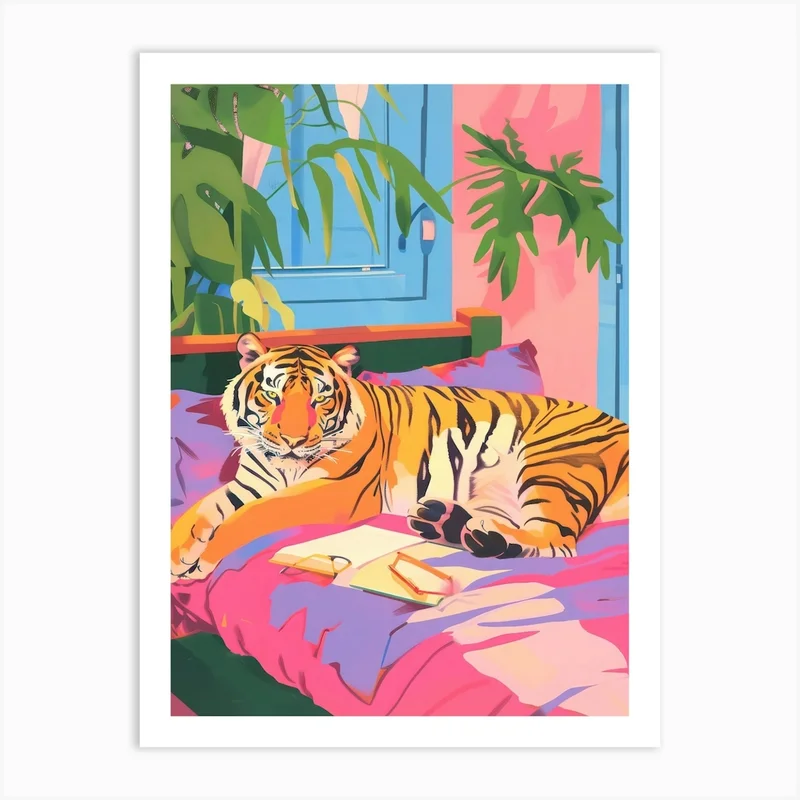 Image of Tiger Print Maximalist Wall Art Pink Kitsch Aesthetic Trendy Art Print