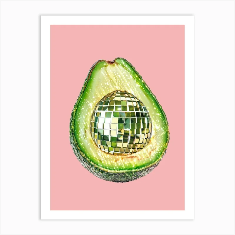 Image of Disco Ball Avocado Pink Art Disco Poster Trendy Aesthetic Art Food Kitchen Art Print