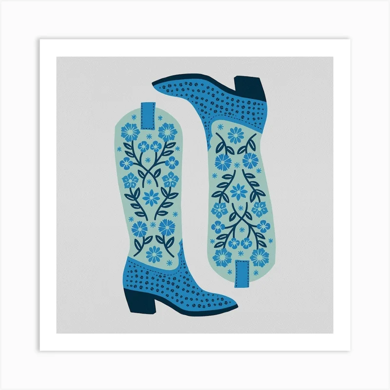 Image of Cowgirl Boots   Mint And Blue Square Art Print