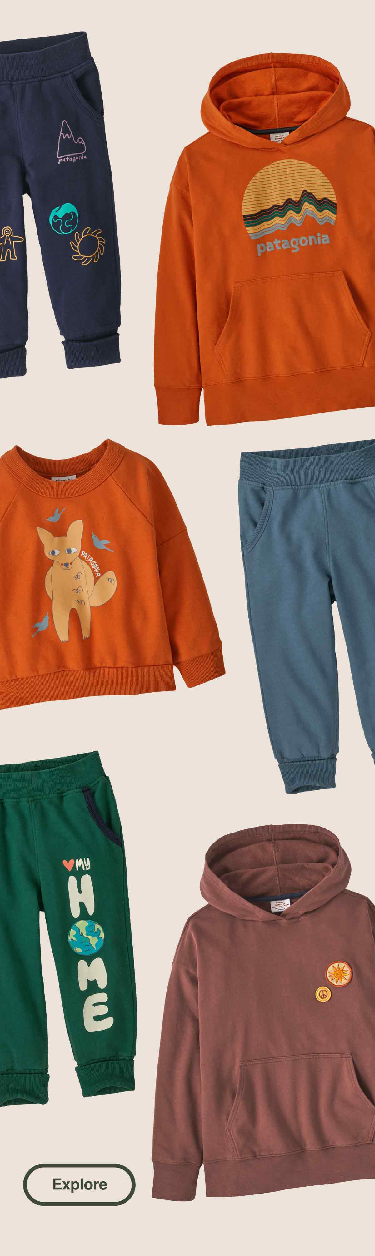 A variety of kids’ sweatshirts and sweatpants with cute patches and colorful graphics.