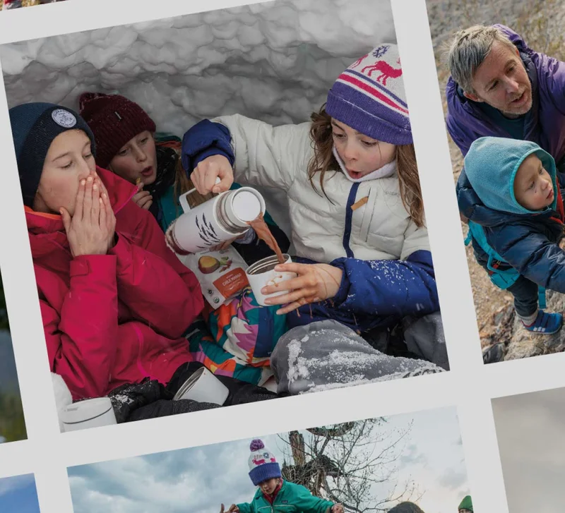 A collage of photos showing kids and their parents having fun in nature.