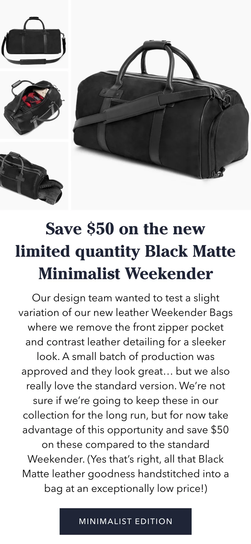 Save $50 on the new Black Matte Minimalist Weekender Bag
