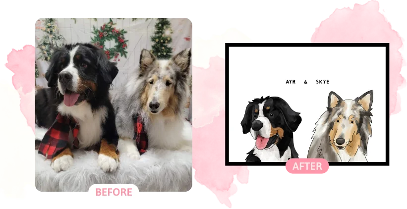 Before and After - Customer photos of their two pets with the finished pet portrait
