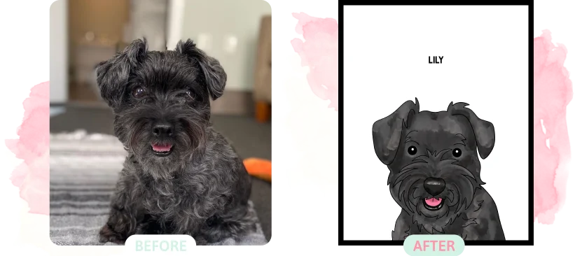 Before and After - Customer photo of their pet with the finished pet portrait