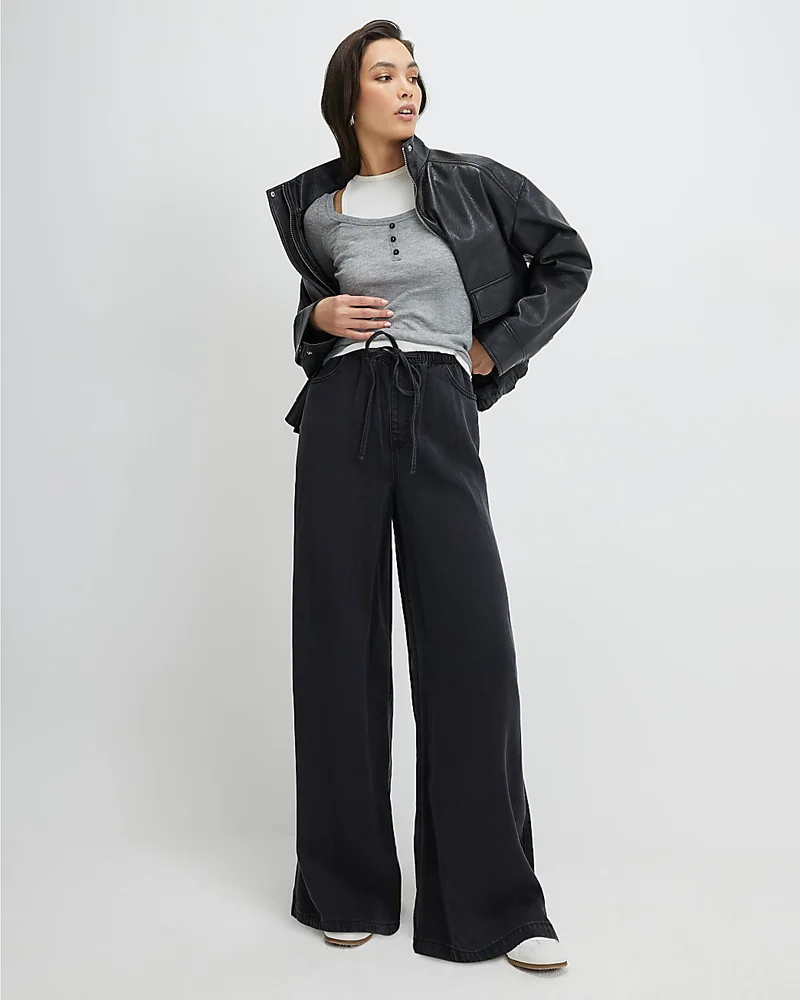 Womens Black Wide Leg Pyjama Style Drawstring Jeans