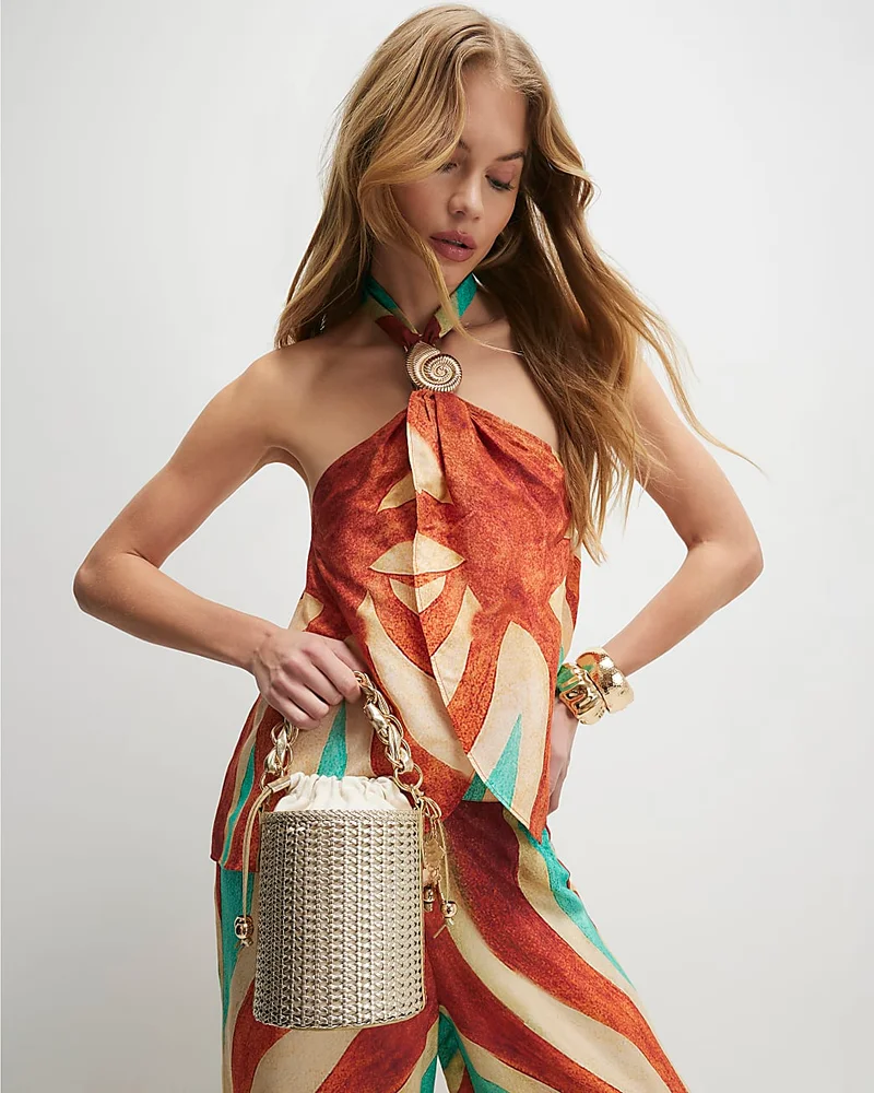 Womens Gold Chain Handle Woven Bucket Bag