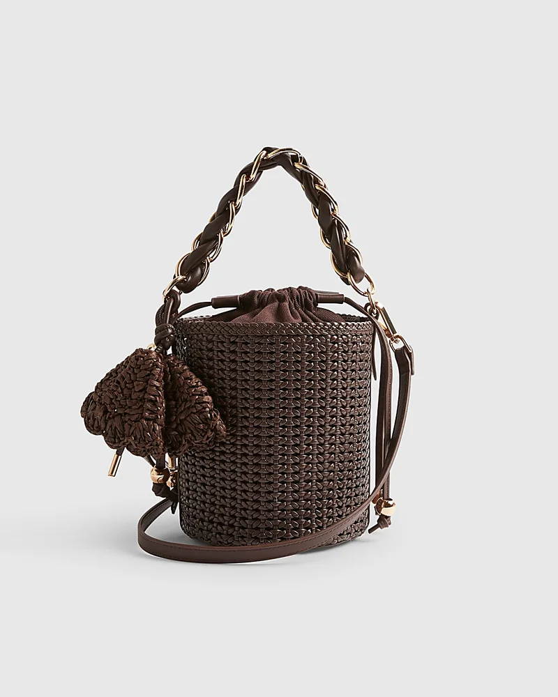 Womens Brown Chain Handle Woven Bucket Bag