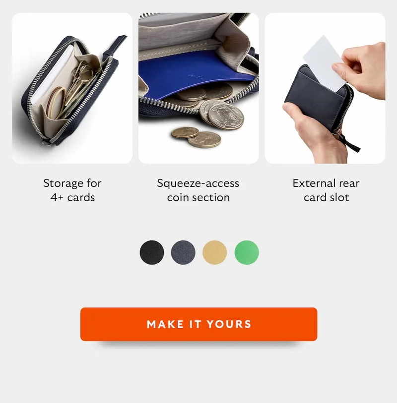 Storage for 4+ cards Squeeze-access coin section External rear card slot