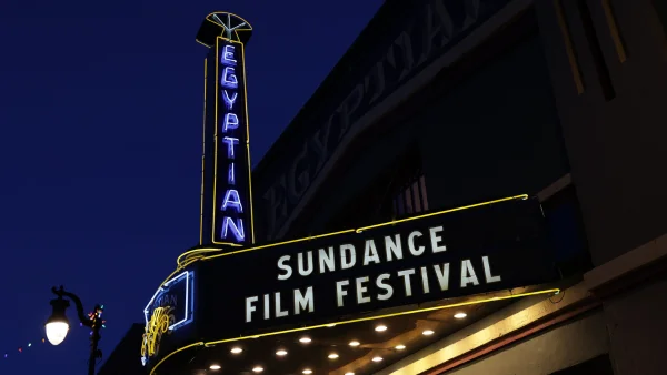 Egyptian Theater at night with “Sundance Film Festival” marquee.