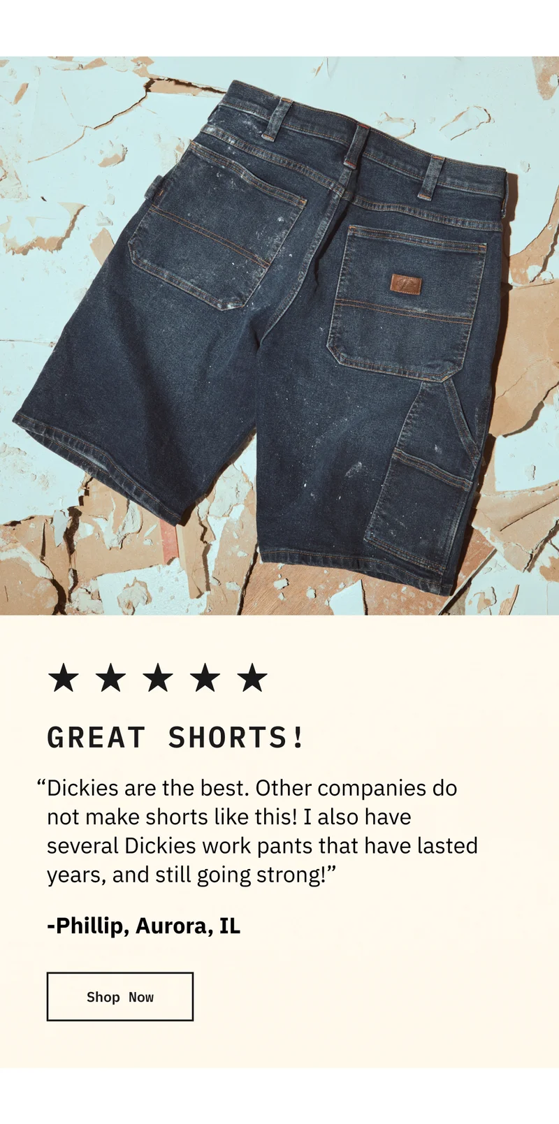 GREAT SHORTS! "Dickies are the best. Other companies do not make shorts like this! I also have several Dickies work pants that have lasted years, and still going strong!" - Phillip, Aurora, IL. Shop Now.