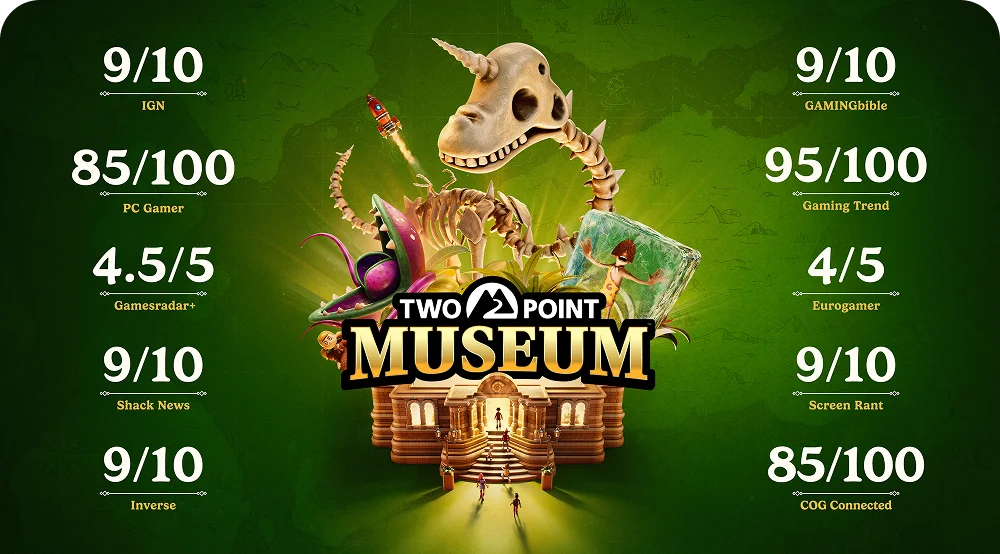 Two Point Museum | 9/10 IG | 85/100 PC GAMER | 4.5/5 GAMESRADAR | 9/10 SHACK NEWS | 9/10 INVERSE | 9/10 GAMINGBIBLE | 95/100 GAMING TREND | 4/5 EUROGAMER | 9/10 SCREEN RANT | 85/100 COG CONNECTED