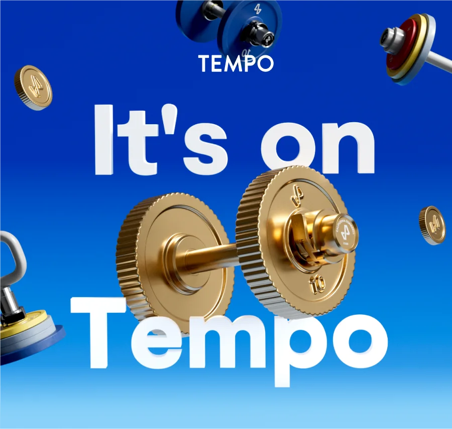 "Tempo. Your fitness refund is here." over workout equipment and gold coins raining down.