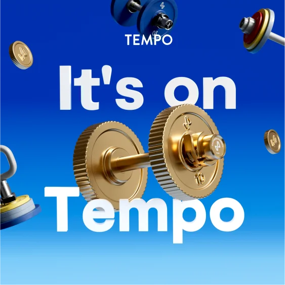 "Tempo. Your fitness refund is here." over workout equipment and gold coins raining down.