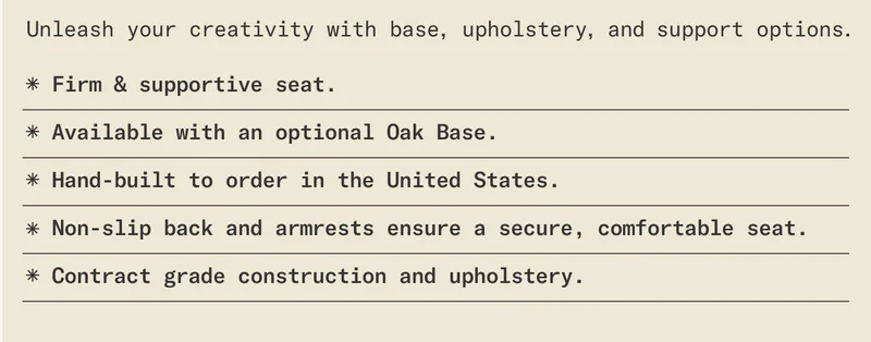 Each Magna is hand-bult to order in the US. Featuring a firm and supportive seat, optional oak base, contract grade construction, and more.
