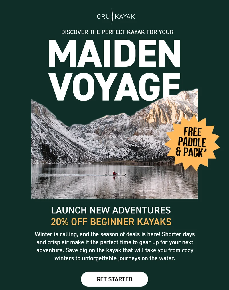 HOLIDAY SALE: 20% off beginner kayaks + free paddle & pack ($318 value) with kayak purchase HOLIDAY SALE: 20% off beginner kayaks + free paddle & pack ($318 value) with kayak purchase