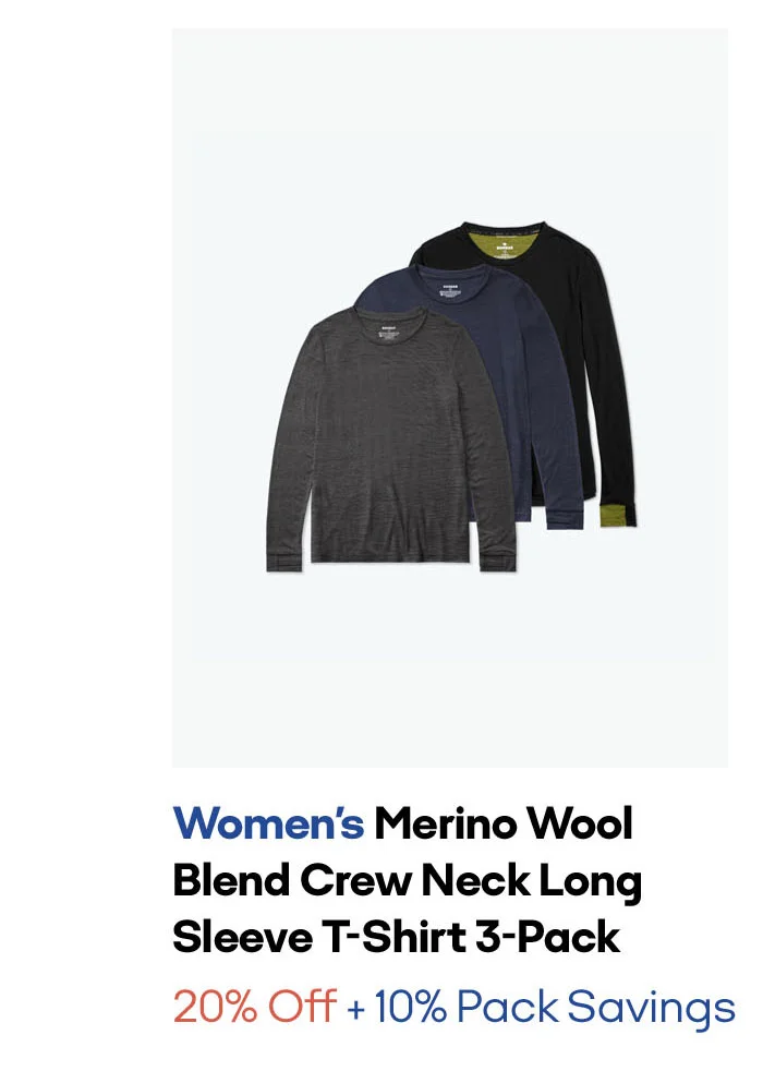 Women's Merino Wool Blend Crew Neck Long Sleeve T-Shirt 3-Pack
