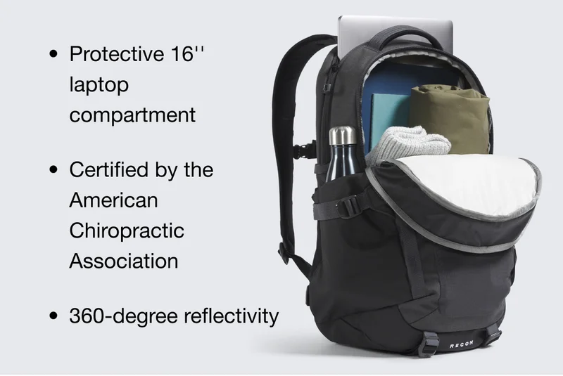 Protective 16" laptop compartment, Certified by the American Chiropractic Association, 360-degree reflectivity