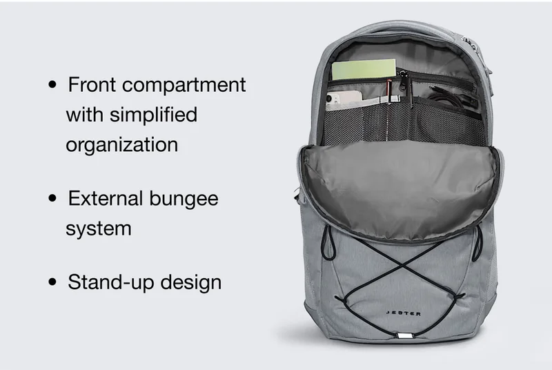 Front compartment with simplified organization, External bungee system, Stand-up design