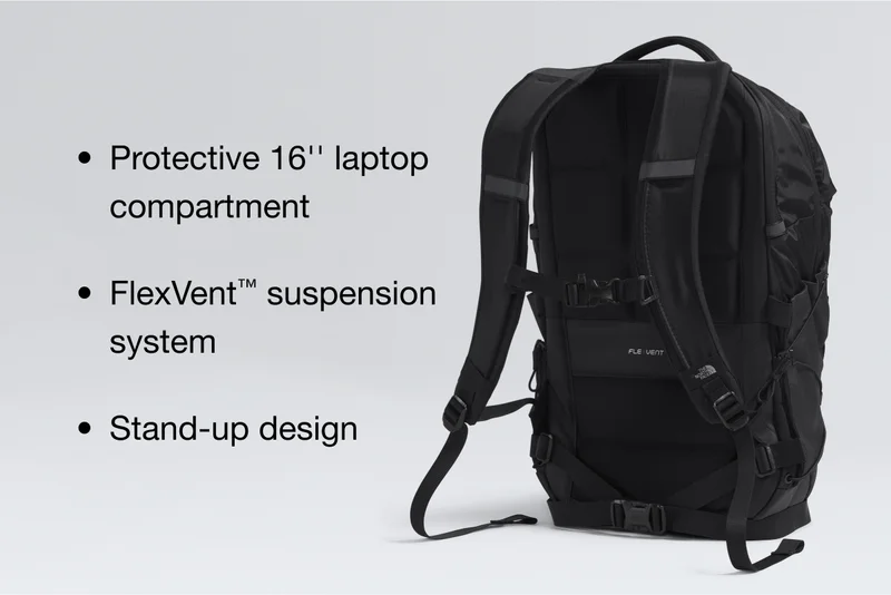 Protective 16" laptop compartment, FlexVent™ suspension system, Stand-up design
