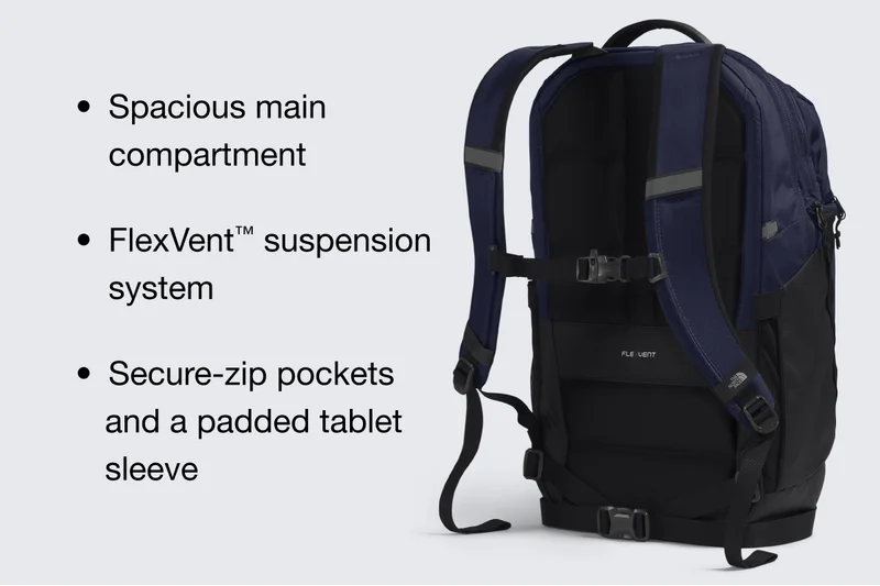 Spacious main compartment, FlexVent™ suspension system, Secure-zip pockets and a padded tablet sleeve