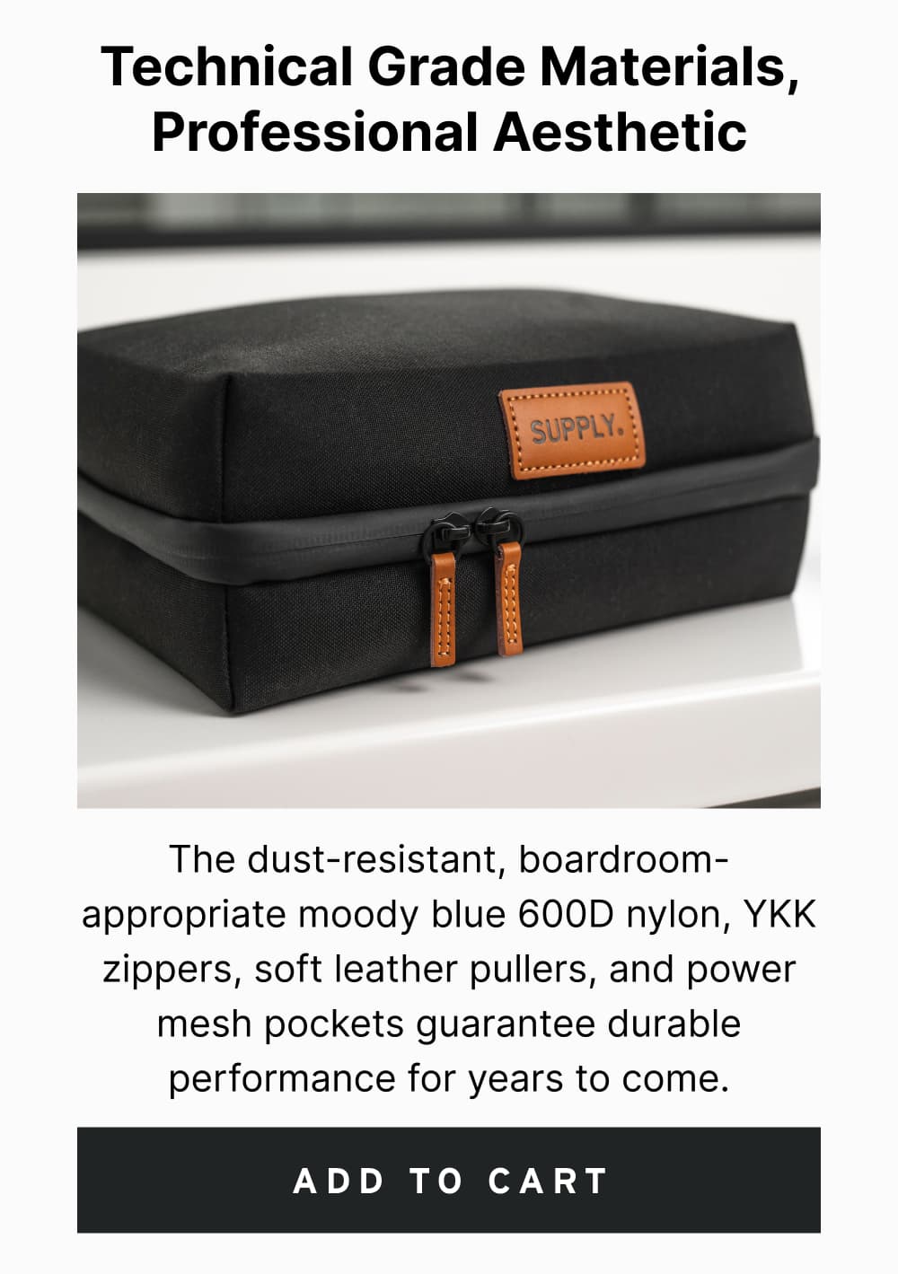 Technical Materials, Professional Aesthetic — the dust-resistant, boardroom-appropriate moody blue 600D nylon, YKK zippers, soft leather pullers, and power mesh pockets guarantee durable performance for years to come.