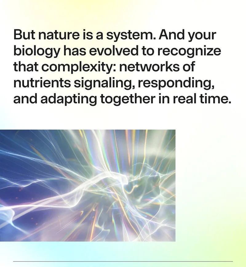 But nature is a system. And your biology has evolved to recognize that complexity: networks of nutrients signaling, responding, and adapting together in real time.