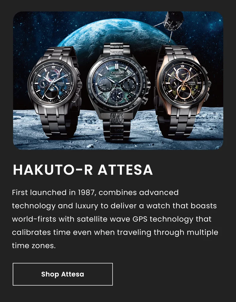HAKUTO-R Attesa. First launched in 1987, combines advanced technology and luxury to deliver a watch that boasts world-firsts with satellite wave GPS technology that calibrates time even when traveling through multiple time zones.