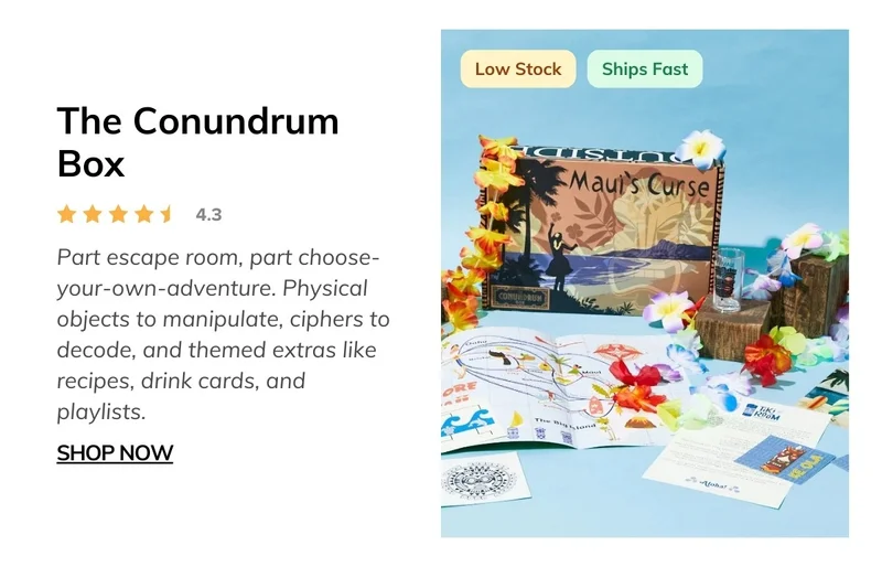 The Conundrum Box - Escape Room Game in a Box - A compact, tightly designed escape room experience built around a single mechanical puzzle concept. Smaller footprint than Escape the Crate but just as satisfying to crack.