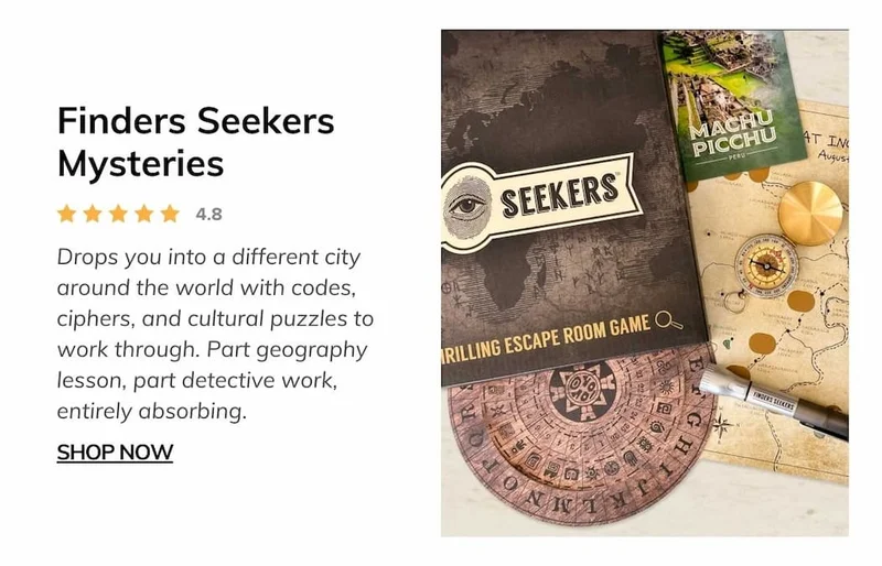 Finders Seekers Mysteries - Drops you into a different city around the world with codes, ciphers, and cultural puzzles to work through. Part geography lesson, part detective work, entirely absorbing.