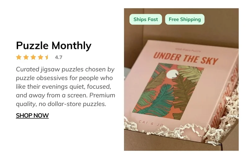 Puzzle Monthly | Curated jigsaw puzzles chosen by puzzle obsessives for people who like their evenings quiet, focused, and away from a screen. Premium quality, no dollar-store puzzles.