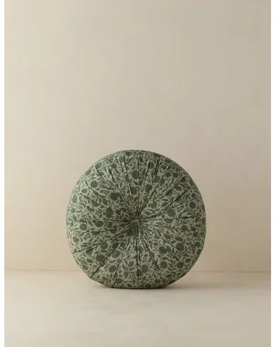 Fransen Linen Cotton Tufted Round Pillow-Sage and Eucalyptus / Tufted Round