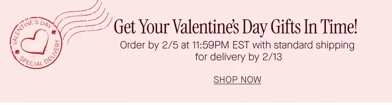 Get Your Valentines Day Gifts In Time! Order by 2/5 at 11:59PM EST with standard shipping for delivery by 2/13 SHOP NOW