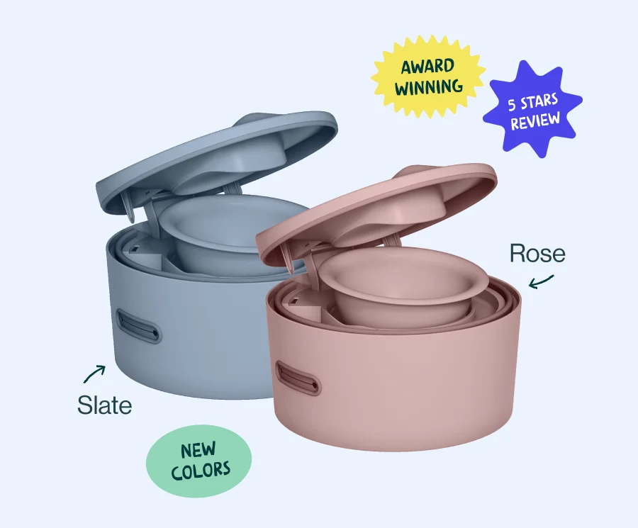 The 3-in-1 Potty in two new colors, Slate (blue) and Rose (pink), shown open to reveal the nested design. Marked award winning and five stars review.
