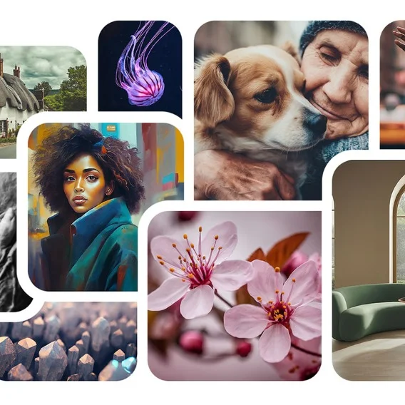 A collage of photos including one of a woman smiling, a man with a dog and flowers.