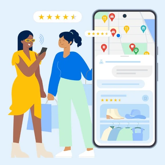 Illustration of two women talking with an abstract, large phone next to them showing various Maps-related icons.