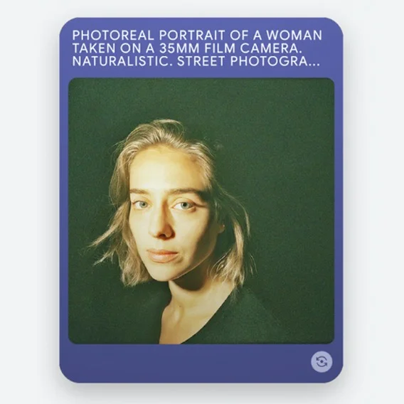 Photo portrait of a woman looking into the camera. The words: “photoreal portrait of woman taking on 35mm film camera. Naturalistic. Street photogra…” are framed in above the photo.