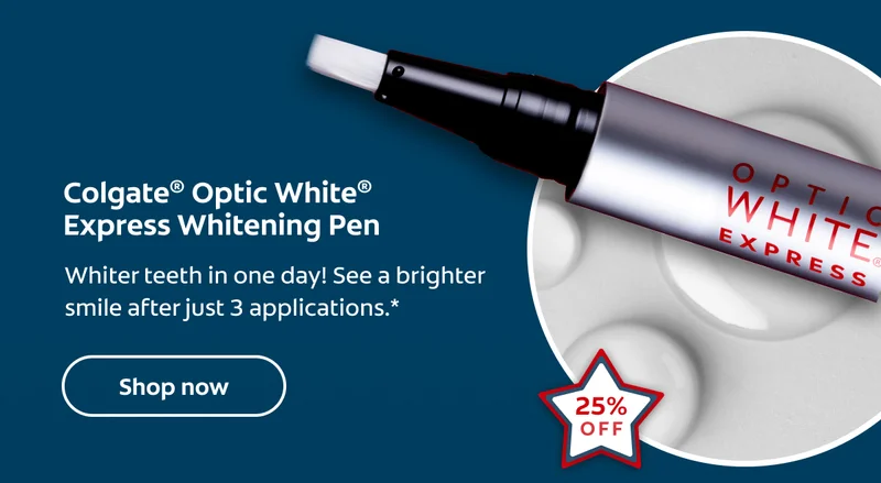 "Colgate® Optic White® Express Whitening Pen Whiter teeth in one day! See a brighter smile after just 3 applications.* Shop now"