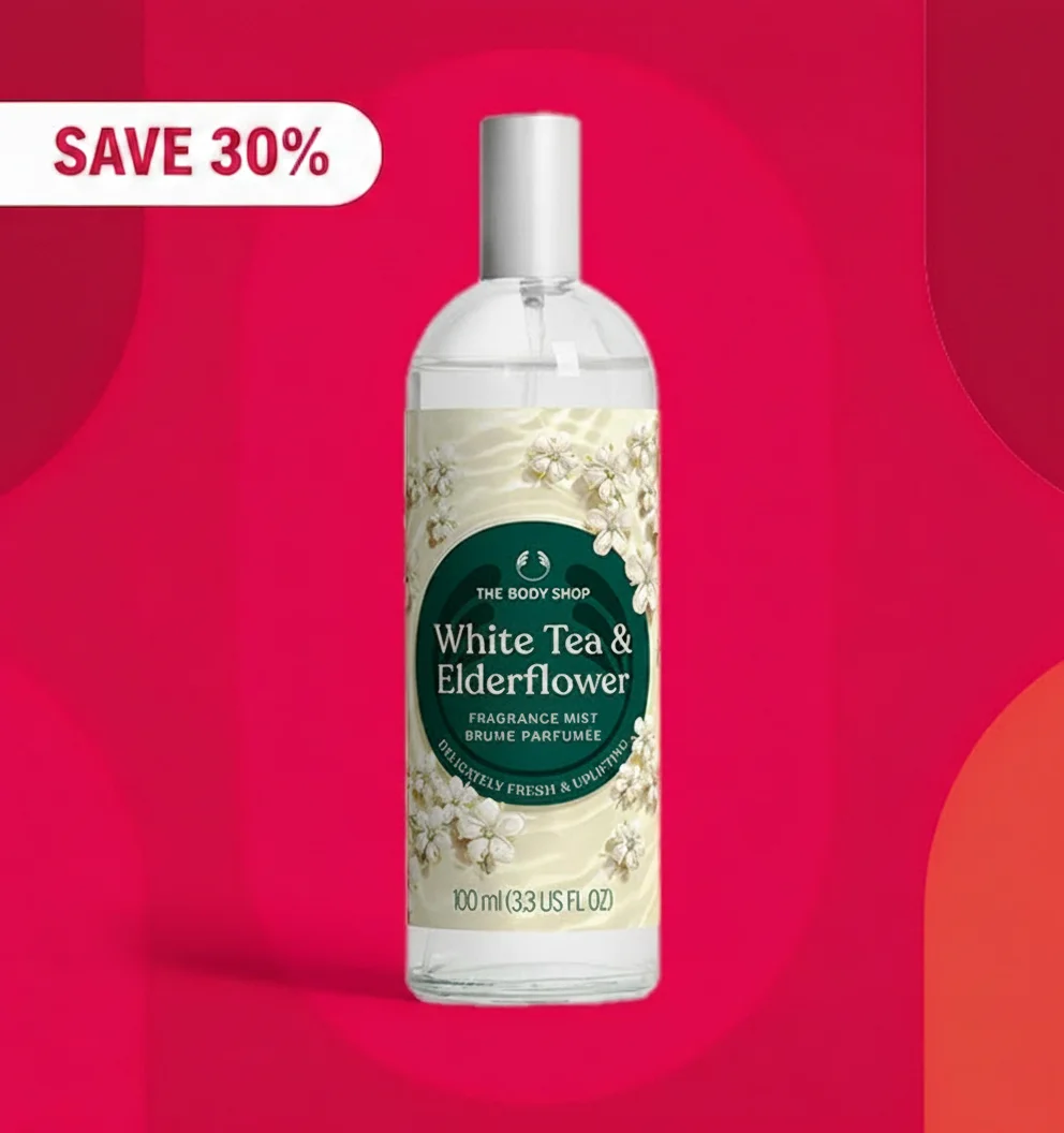 The Body Shop White Tea & Elderflower fragrance mist with 30% off.